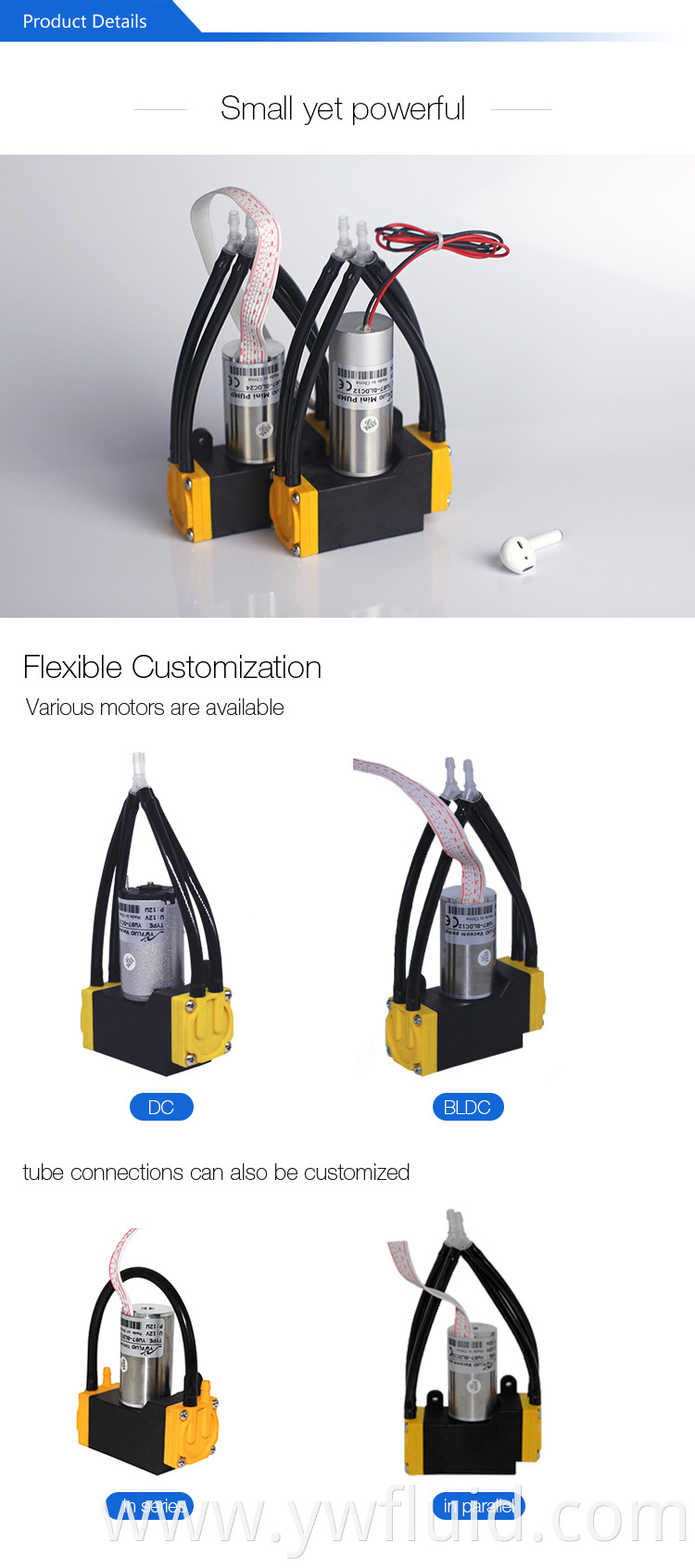 YWfluid 12v 24v High performance Micro Air Pump with BLDC motor Used for Gas transfer section or Vacuum generation